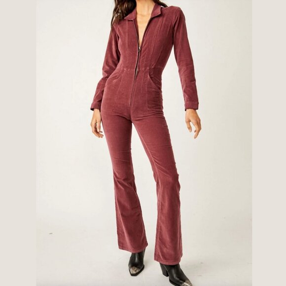 Free People Jayde Corduroy Flare Jumpsuit - Wine/Burgundy - Size M - Picture 2 of 8